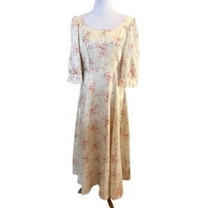 Handmade Floral Maxi Dress Women Small Cream Peach Cottagecore Puff Sleeve‎